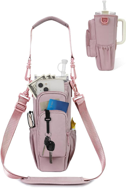 30/40oz Crossbody Water Bottle Holder Anti-Tip Tumbler Carrier | Lightweight Bottle Sling Fits Handled Tumbler w/ Phone Pocket, Adjustable Strap, Insulated Lining, Hands-free for Hiking Gym