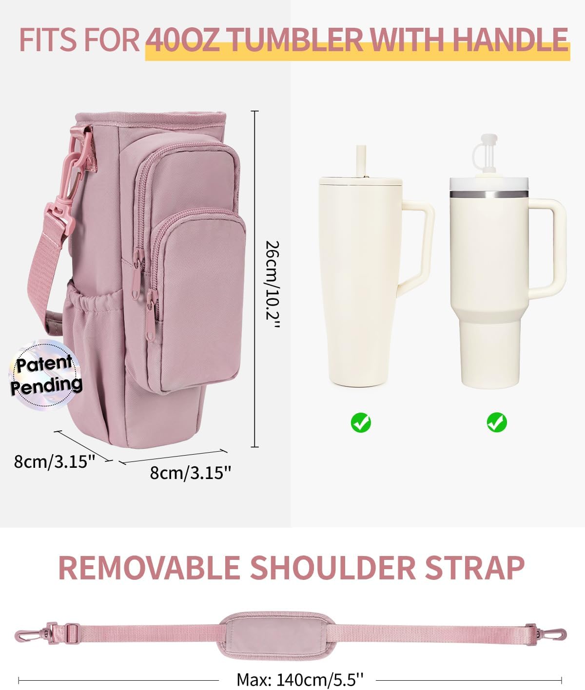 30/40oz Crossbody Water Bottle Holder Anti-Tip Tumbler Carrier | Lightweight Bottle Sling Fits Handled Tumbler w/ Phone Pocket, Adjustable Strap, Insulated Lining, Hands-free for Hiking Gym
