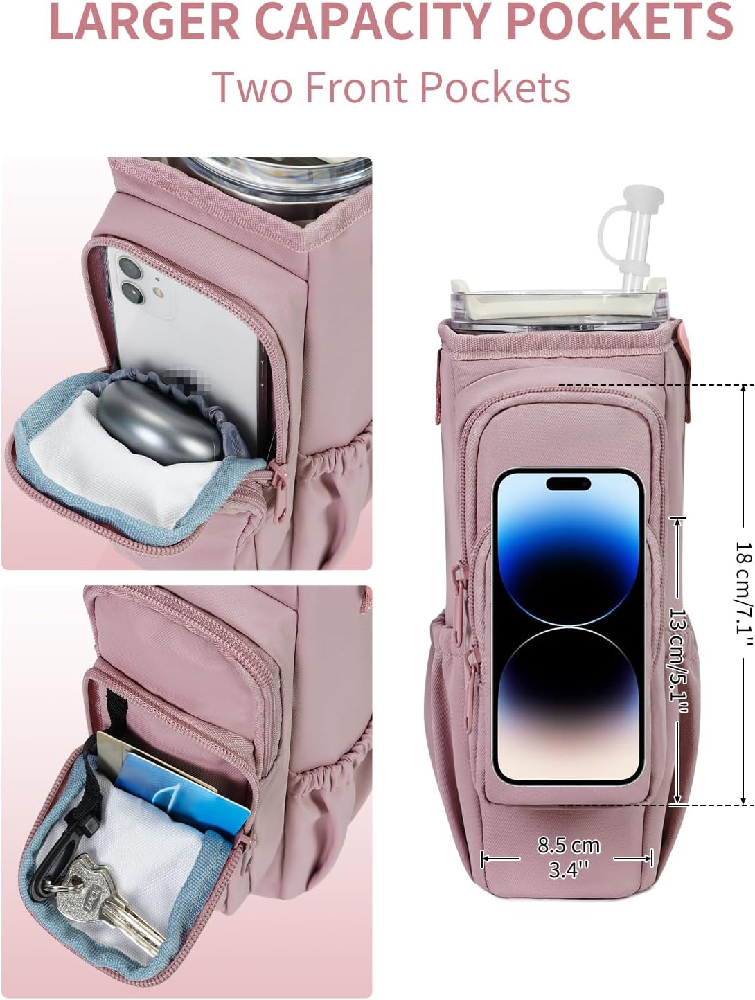 30/40oz Crossbody Water Bottle Holder Anti-Tip Tumbler Carrier | Lightweight Bottle Sling Fits Handled Tumbler w/ Phone Pocket, Adjustable Strap, Insulated Lining, Hands-free for Hiking Gym