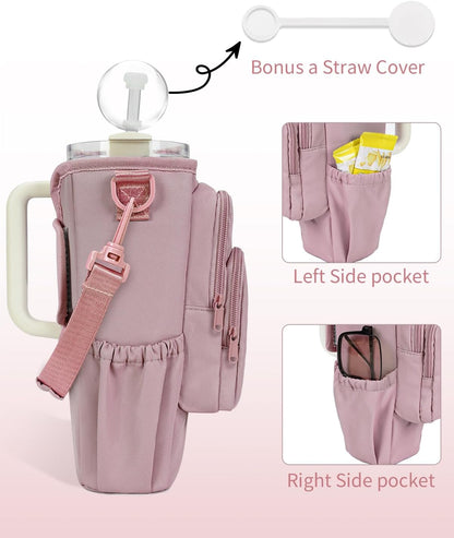 30/40oz Crossbody Water Bottle Holder Anti-Tip Tumbler Carrier | Lightweight Bottle Sling Fits Handled Tumbler w/ Phone Pocket, Adjustable Strap, Insulated Lining, Hands-free for Hiking Gym