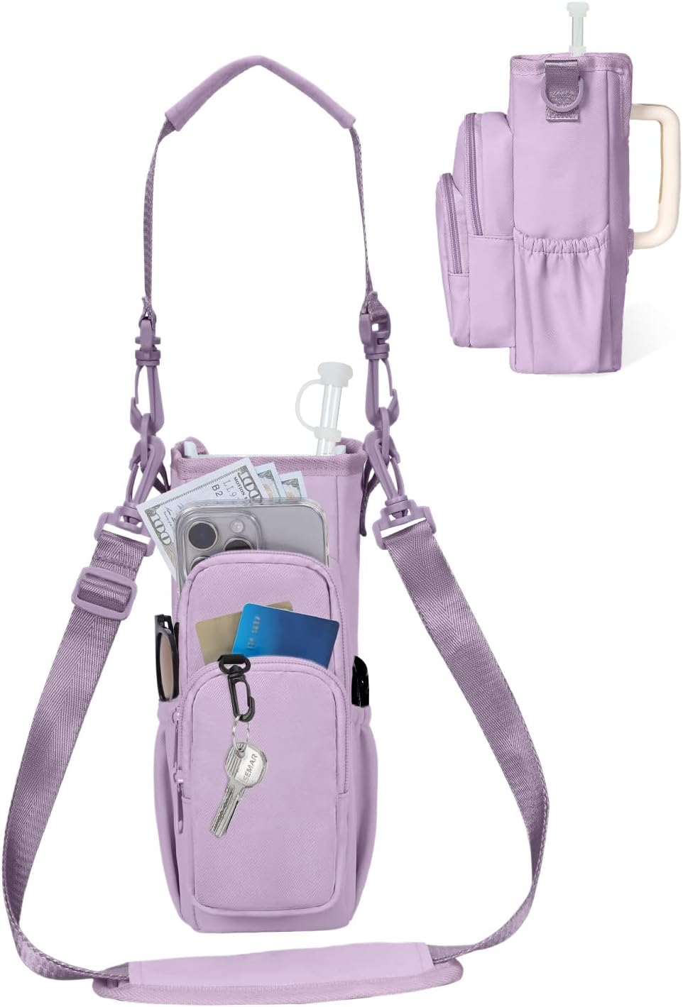 30/40oz Crossbody Water Bottle Holder Anti-Tip Tumbler Carrier | Lightweight Bottle Sling Fits Handled Tumbler w/ Phone Pocket, Adjustable Strap, Insulated Lining, Hands-free for Hiking Gym