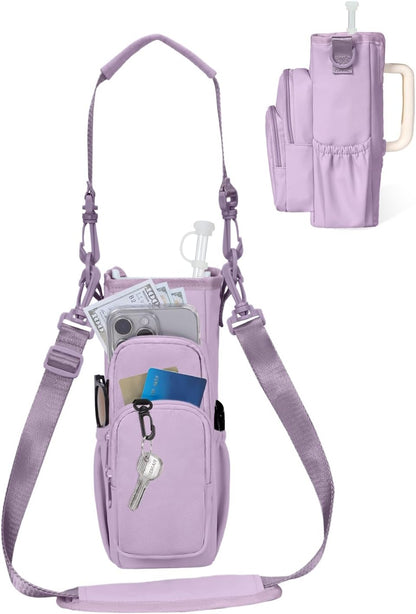 30/40oz Crossbody Water Bottle Holder Anti-Tip Tumbler Carrier | Lightweight Bottle Sling Fits Handled Tumbler w/ Phone Pocket, Adjustable Strap, Insulated Lining, Hands-free for Hiking Gym