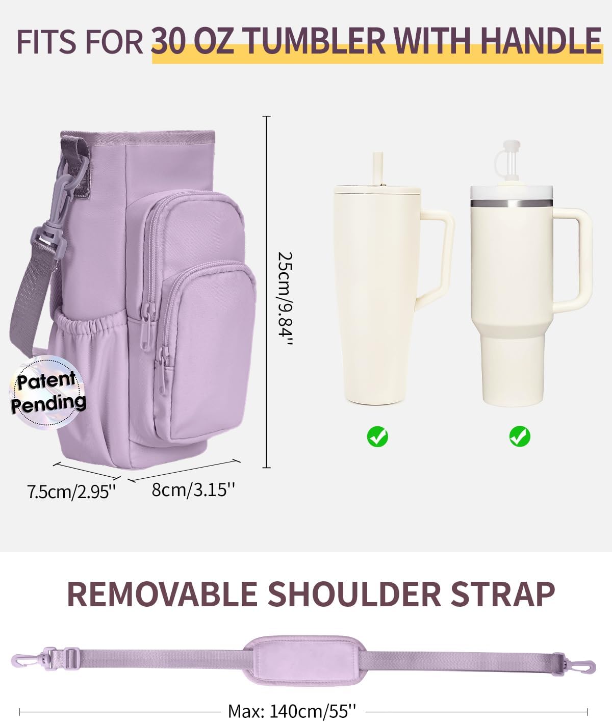30/40oz Crossbody Water Bottle Holder Anti-Tip Tumbler Carrier | Lightweight Bottle Sling Fits Handled Tumbler w/ Phone Pocket, Adjustable Strap, Insulated Lining, Hands-free for Hiking Gym