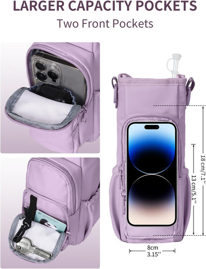 30/40oz Crossbody Water Bottle Holder Anti-Tip Tumbler Carrier | Lightweight Bottle Sling Fits Handled Tumbler w/ Phone Pocket, Adjustable Strap, Insulated Lining, Hands-free for Hiking Gym
