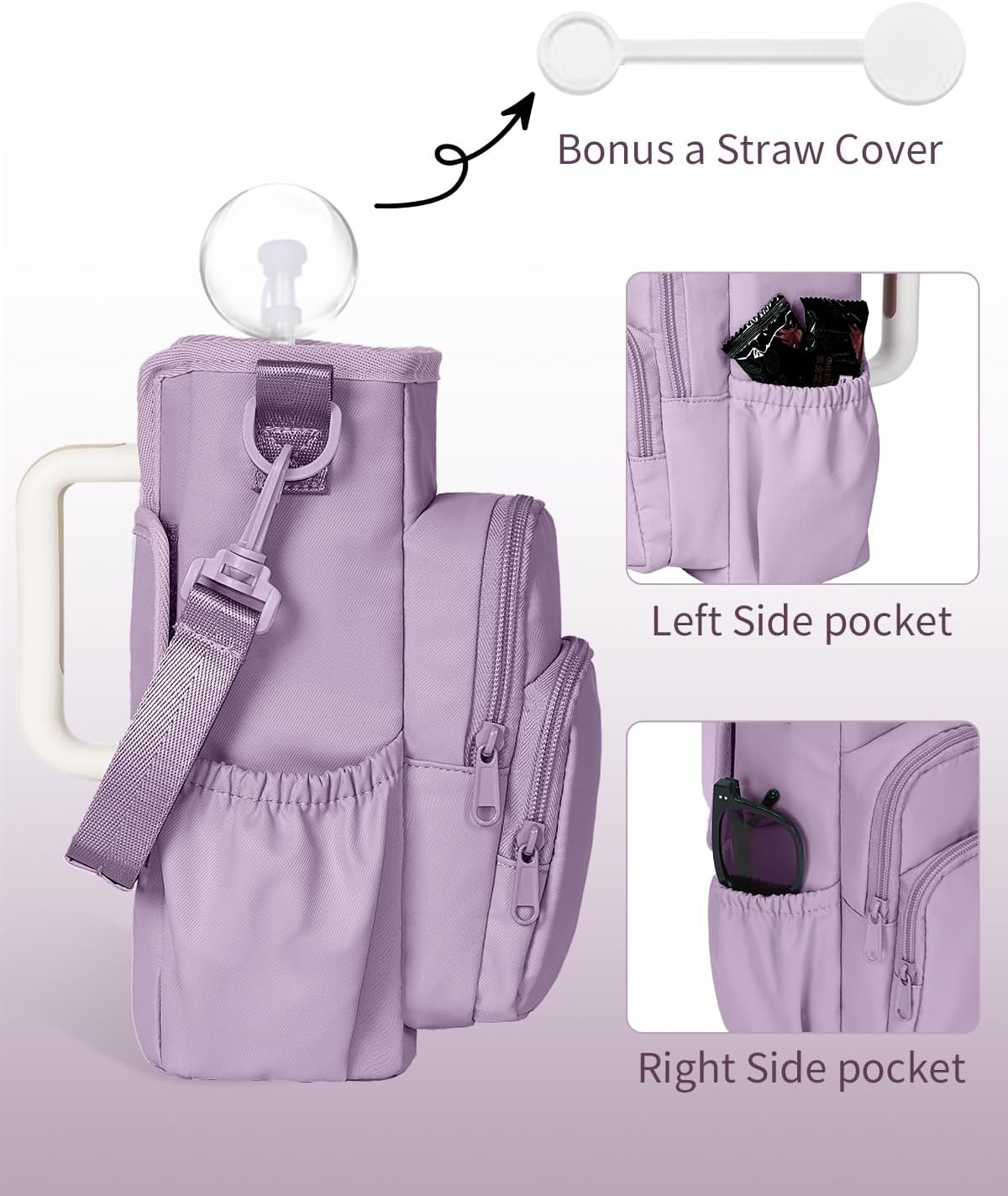 30/40oz Crossbody Water Bottle Holder Anti-Tip Tumbler Carrier | Lightweight Bottle Sling Fits Handled Tumbler w/ Phone Pocket, Adjustable Strap, Insulated Lining, Hands-free for Hiking Gym