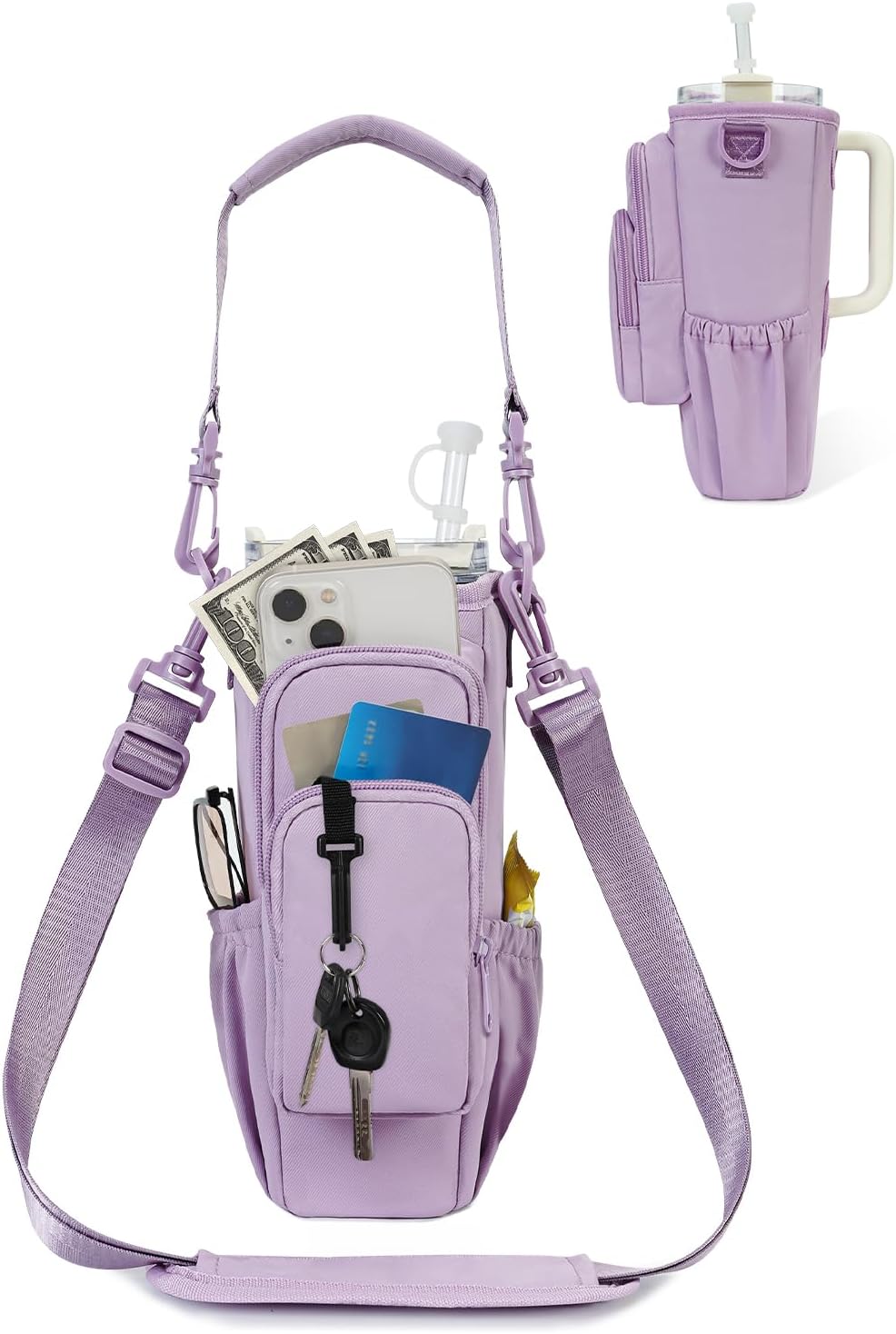30/40oz Crossbody Water Bottle Holder Anti-Tip Tumbler Carrier | Lightweight Bottle Sling Fits Handled Tumbler w/ Phone Pocket, Adjustable Strap, Insulated Lining, Hands-free for Hiking Gym