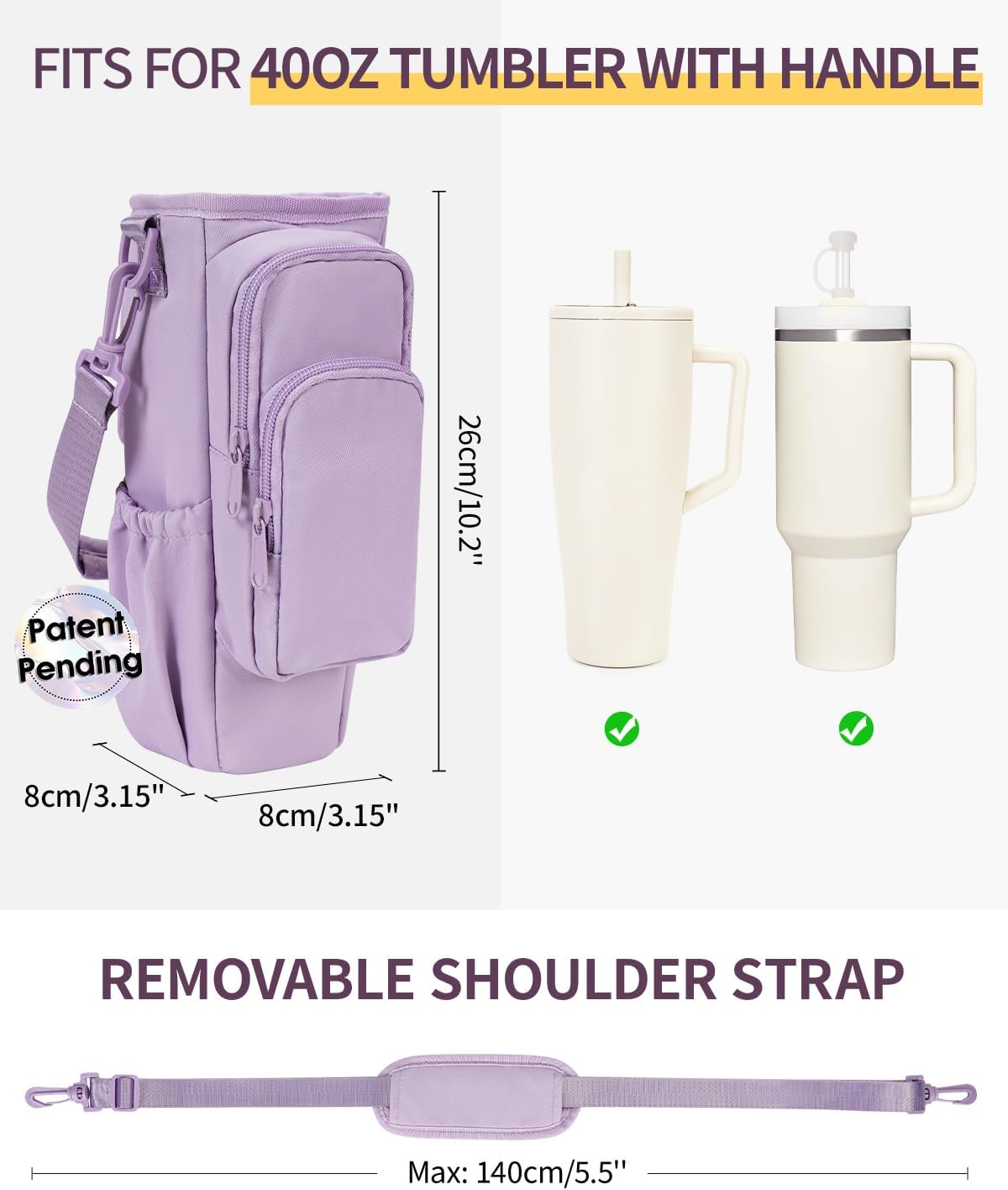 30/40oz Crossbody Water Bottle Holder Anti-Tip Tumbler Carrier | Lightweight Bottle Sling Fits Handled Tumbler w/ Phone Pocket, Adjustable Strap, Insulated Lining, Hands-free for Hiking Gym