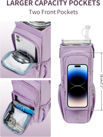 30/40oz Crossbody Water Bottle Holder Anti-Tip Tumbler Carrier | Lightweight Bottle Sling Fits Handled Tumbler w/ Phone Pocket, Adjustable Strap, Insulated Lining, Hands-free for Hiking Gym