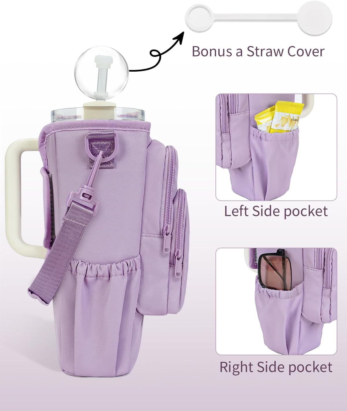 30/40oz Crossbody Water Bottle Holder Anti-Tip Tumbler Carrier | Lightweight Bottle Sling Fits Handled Tumbler w/ Phone Pocket, Adjustable Strap, Insulated Lining, Hands-free for Hiking Gym