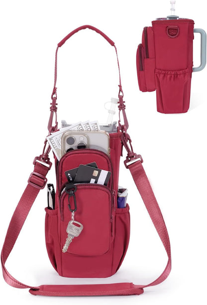 30/40oz Crossbody Water Bottle Holder Anti-Tip Tumbler Carrier | Lightweight Bottle Sling Fits Handled Tumbler w/ Phone Pocket, Adjustable Strap, Insulated Lining, Hands-free for Hiking Gym