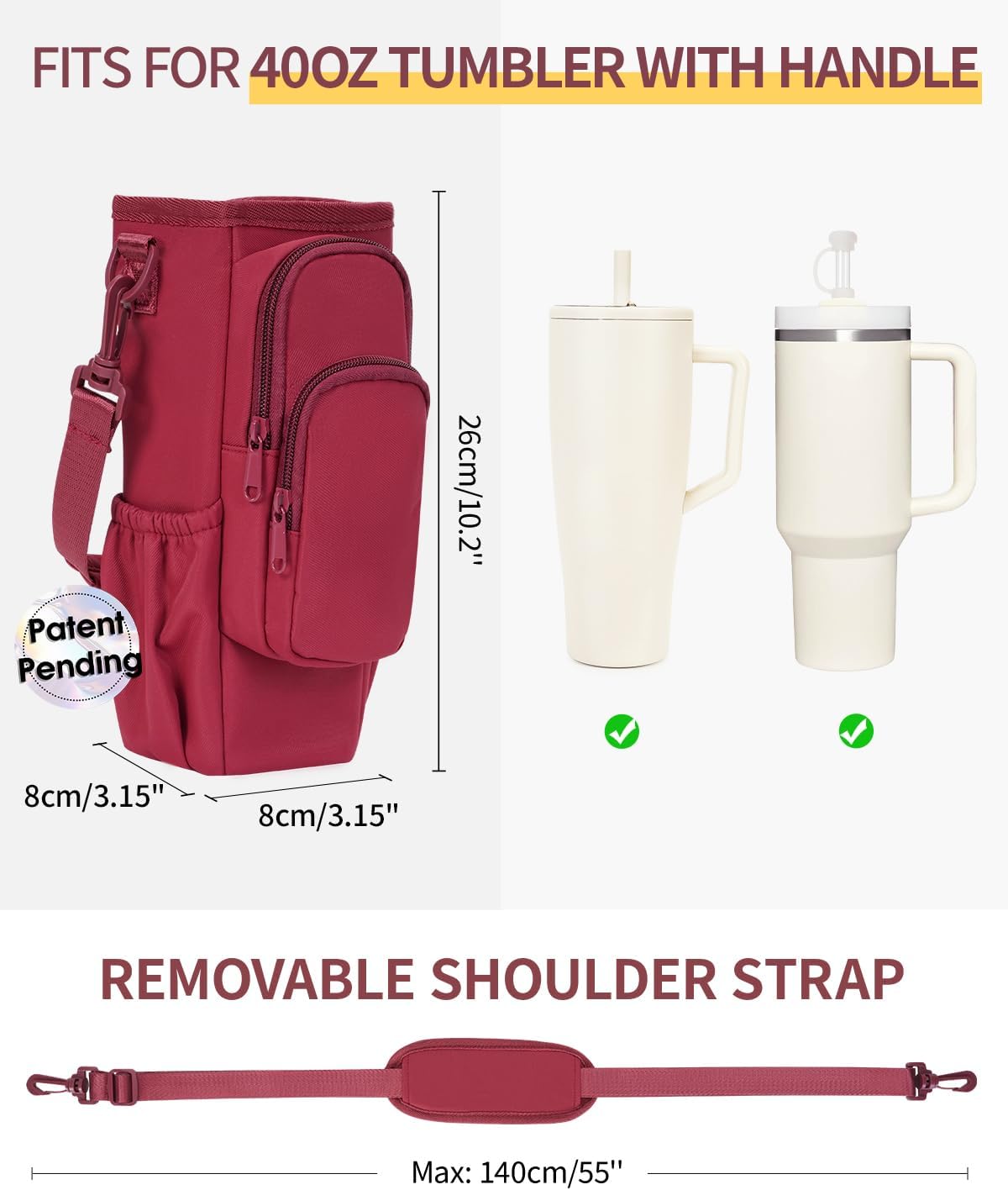 30/40oz Crossbody Water Bottle Holder Anti-Tip Tumbler Carrier | Lightweight Bottle Sling Fits Handled Tumbler w/ Phone Pocket, Adjustable Strap, Insulated Lining, Hands-free for Hiking Gym