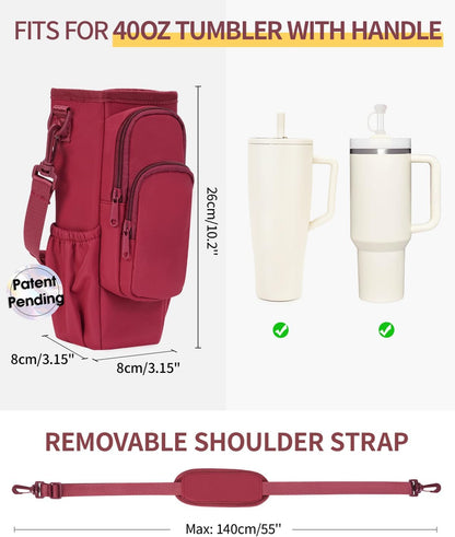 30/40oz Crossbody Water Bottle Holder Anti-Tip Tumbler Carrier | Lightweight Bottle Sling Fits Handled Tumbler w/ Phone Pocket, Adjustable Strap, Insulated Lining, Hands-free for Hiking Gym