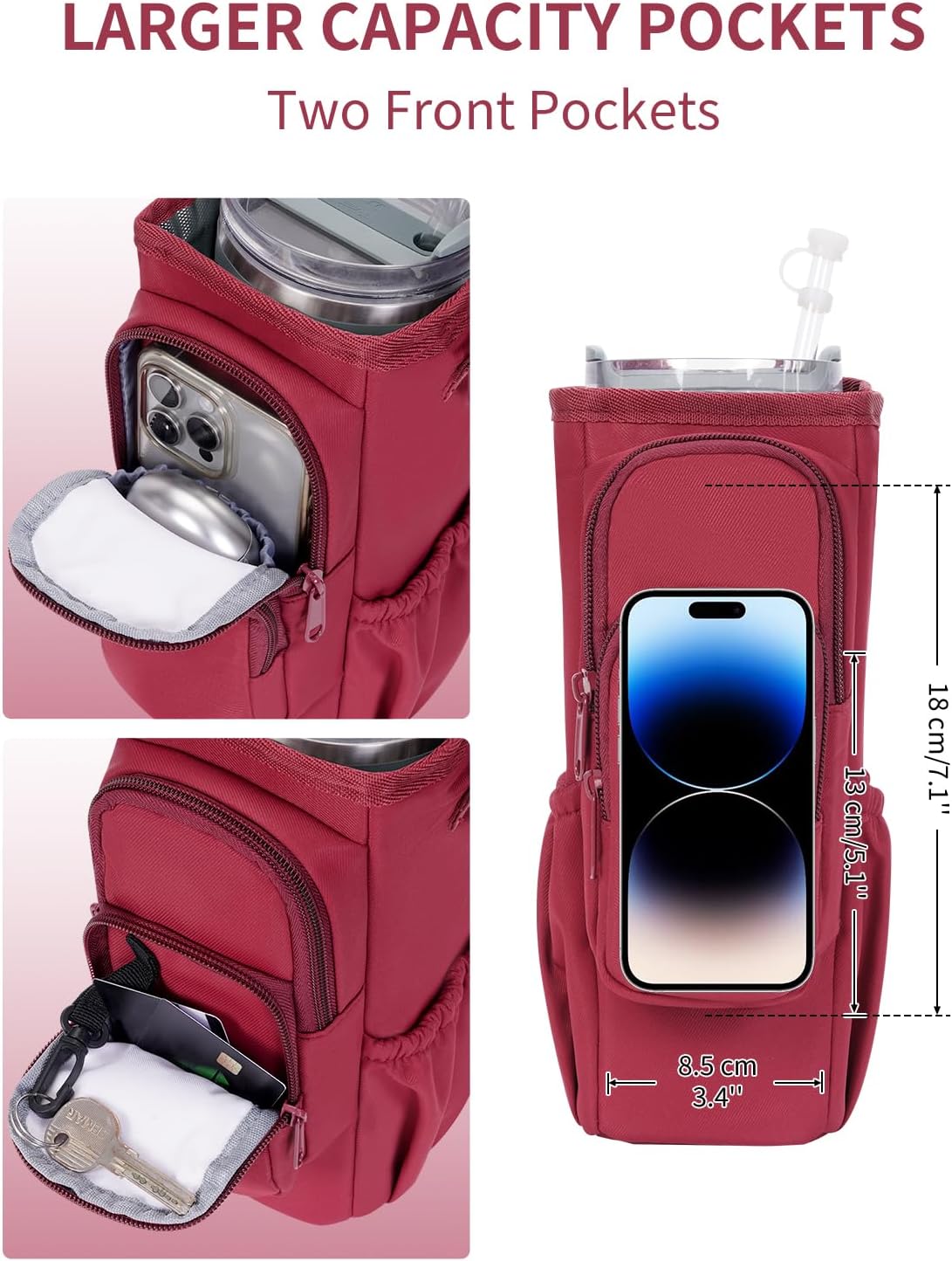 30/40oz Crossbody Water Bottle Holder Anti-Tip Tumbler Carrier | Lightweight Bottle Sling Fits Handled Tumbler w/ Phone Pocket, Adjustable Strap, Insulated Lining, Hands-free for Hiking Gym
