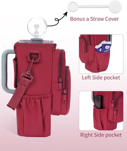 30/40oz Crossbody Water Bottle Holder Anti-Tip Tumbler Carrier | Lightweight Bottle Sling Fits Handled Tumbler w/ Phone Pocket, Adjustable Strap, Insulated Lining, Hands-free for Hiking Gym