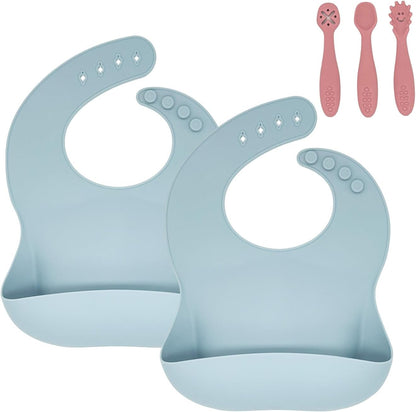 Silicone Baby Bibs 2 pcs with Silicone Baby Spoons Self Feeding Waterproof, Soft