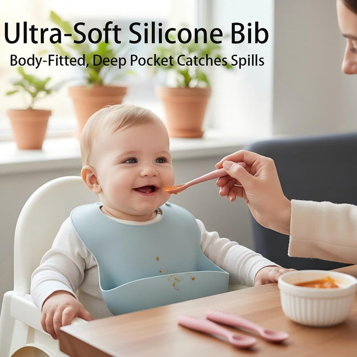 Silicone Baby Bibs 2 pcs with Silicone Baby Spoons Self Feeding Waterproof, Soft