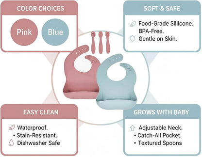 Silicone Baby Bibs 2 pcs with Silicone Baby Spoons Self Feeding Waterproof, Soft