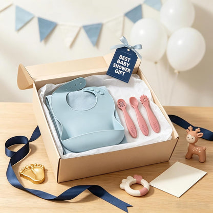 Silicone Baby Bibs 2 pcs with Silicone Baby Spoons Self Feeding Waterproof, Soft