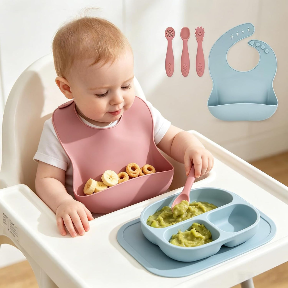 Silicone Baby Bibs 2 pcs with Silicone Baby Spoons Self Feeding Waterproof, Soft