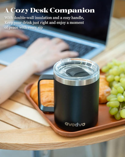 12oz Insulated Coffee Mug with Lid – Includes Two Lids, Stainless Steel Coffee Travel Mug with Handle, Double Wall Vacuum Insulated Camping Mug for Home, Office & Outdoor, Navy Blue - Colors A