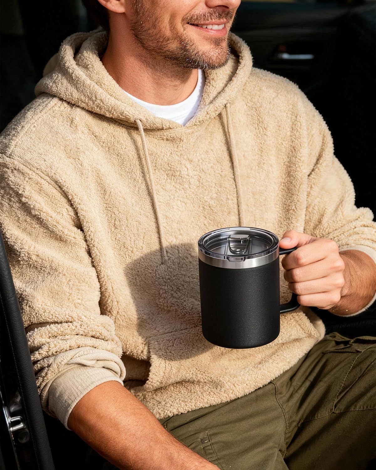 12oz Insulated Coffee Mug with Lid – Includes Two Lids, Stainless Steel Coffee Travel Mug with Handle, Double Wall Vacuum Insulated Camping Mug for Home, Office & Outdoor, Navy Blue - Colors A