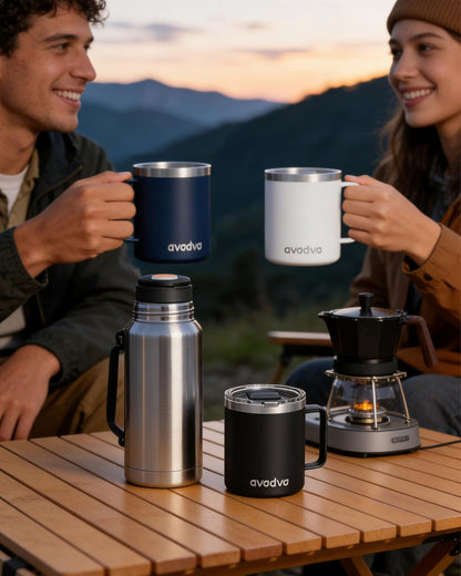 12oz Insulated Coffee Mug with Lid – Includes Two Lids, Stainless Steel Coffee Travel Mug with Handle, Double Wall Vacuum Insulated Camping Mug for Home, Office & Outdoor, Navy Blue - Colors A