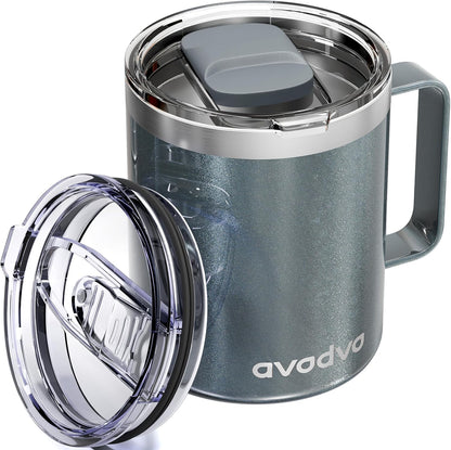 12oz Insulated Coffee Mug with Lid – Includes Two Lids, Stainless Steel Coffee Travel Mug with Handle, Double Wall Vacuum Insulated Camping Mug for Home, Office & Outdoor, Navy Blue - Colors A