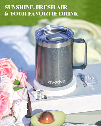 12oz Insulated Coffee Mug with Lid – Includes Two Lids, Stainless Steel Coffee Travel Mug with Handle, Double Wall Vacuum Insulated Camping Mug for Home, Office & Outdoor, Navy Blue - Colors A