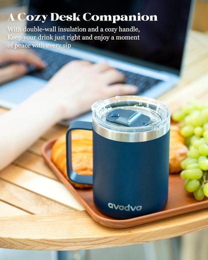 12oz Insulated Coffee Mug with Lid – Includes Two Lids, Stainless Steel Coffee Travel Mug with Handle, Double Wall Vacuum Insulated Camping Mug for Home, Office & Outdoor, Navy Blue - Colors A