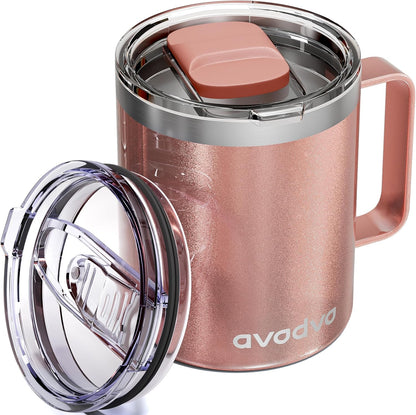 12oz Insulated Coffee Mug with Lid – Includes Two Lids, Stainless Steel Coffee Travel Mug with Handle, Double Wall Vacuum Insulated Camping Mug for Home, Office & Outdoor, Navy Blue - Colors A