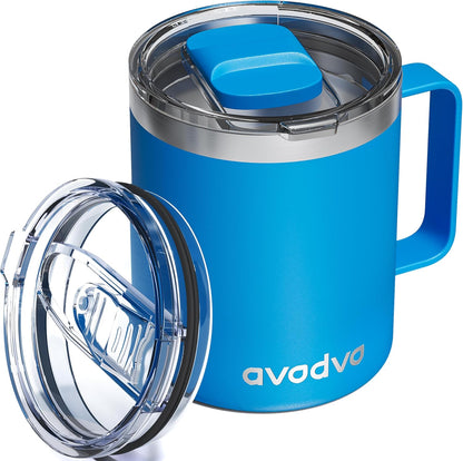 12oz Insulated Coffee Mug with Lid – Includes Two Lids, Stainless Steel Coffee Travel Mug with Handle, Double Wall Vacuum Insulated Camping Mug for Home, Office & Outdoor, Navy Blue - Colors A