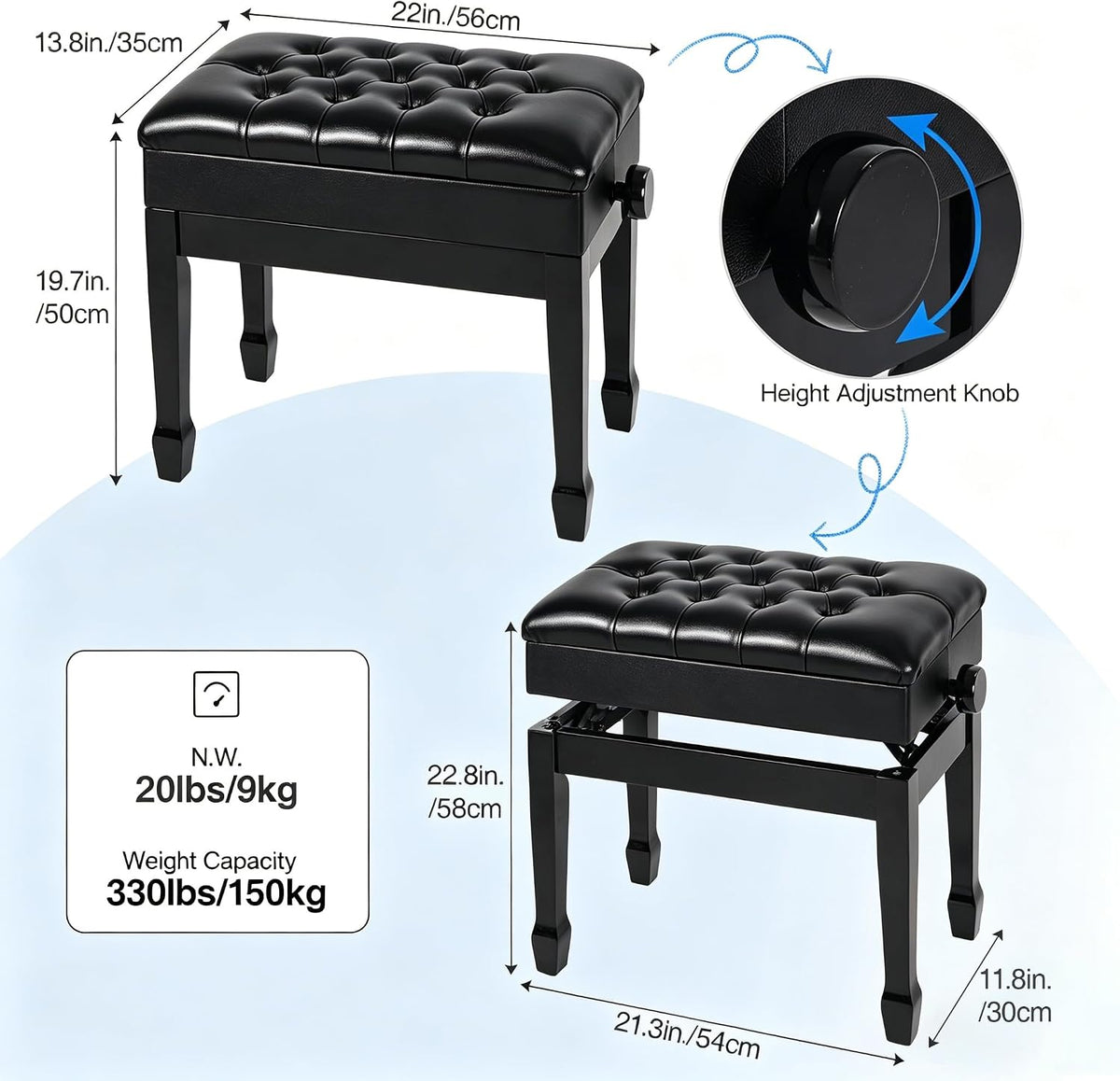 Adjustable Height Piano Bench with Storage, 22" Keyboard Stool