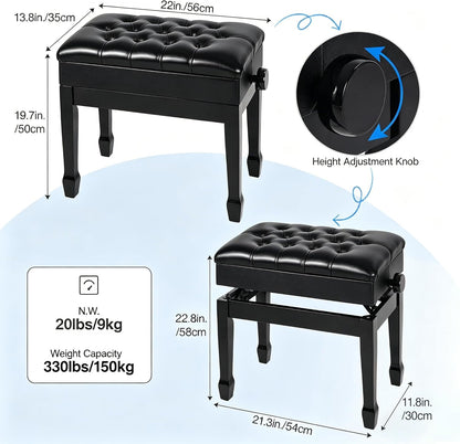 Adjustable Height Piano Bench with Storage, 22" Keyboard Stool