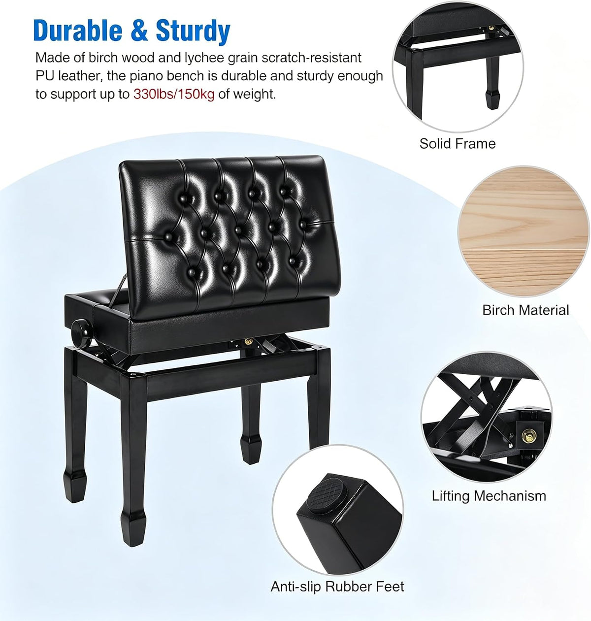 Adjustable Height Piano Bench with Storage, 22" Keyboard Stool