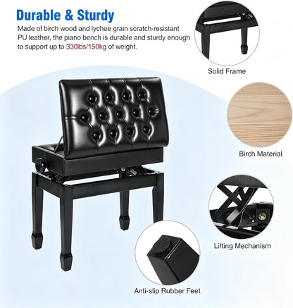 Adjustable Height Piano Bench with Storage, 22" Keyboard Stool