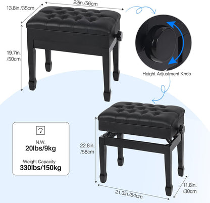 Adjustable Height Piano Bench with Storage, 22" Keyboard Stool