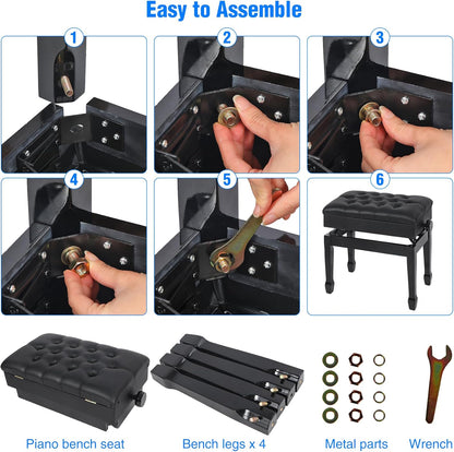 Adjustable Height Piano Bench with Storage, 22" Keyboard Stool