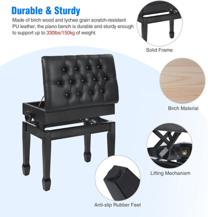 Adjustable Height Piano Bench with Storage, 22" Keyboard Stool