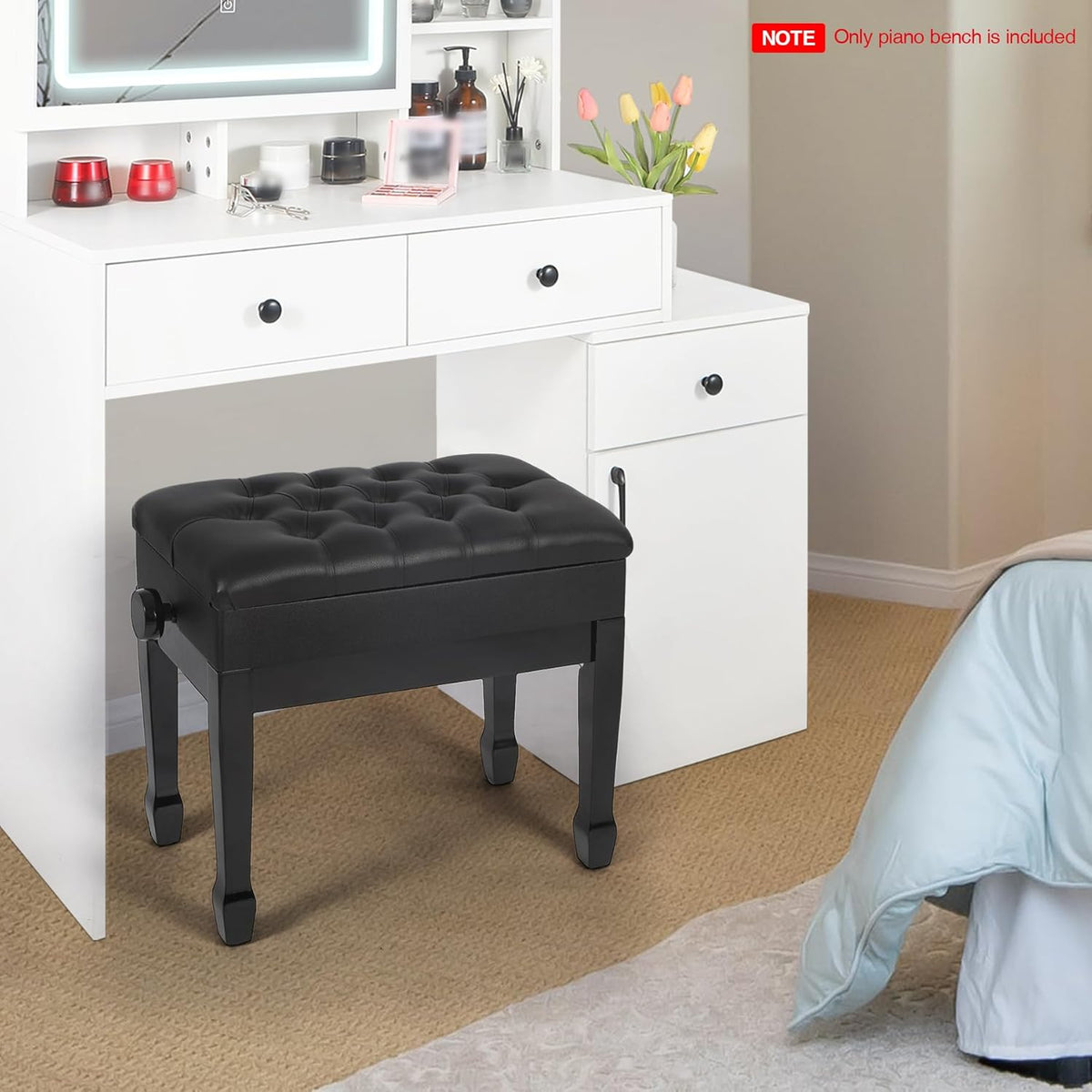 Adjustable Height Piano Bench with Storage, 22" Keyboard Stool