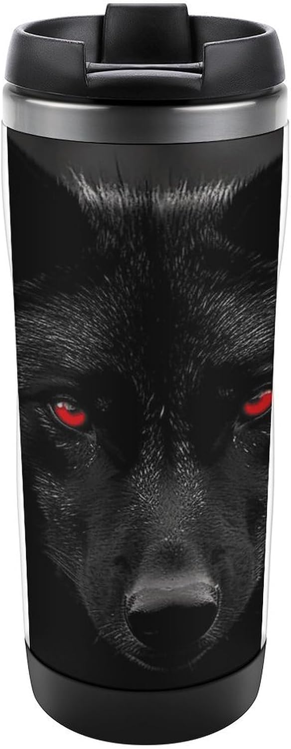 13oz Insulated Travel Coffee Mug Reusable Coffee Cup Water Bottle | Black Red Eyed Wolf Travel Mug with Leak Proof Lid Double Wall Stainless Steel Coffee Tumbler Personalized Gift