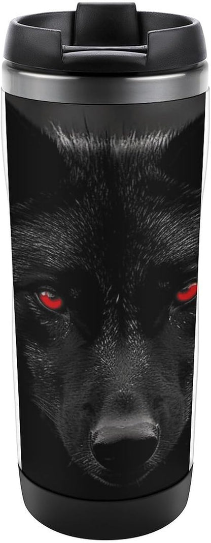 13oz Insulated Travel Coffee Mug Reusable Coffee Cup Water Bottle | Black Red Eyed Wolf Travel Mug with Leak Proof Lid Double Wall Stainless Steel Coffee Tumbler Personalized Gift