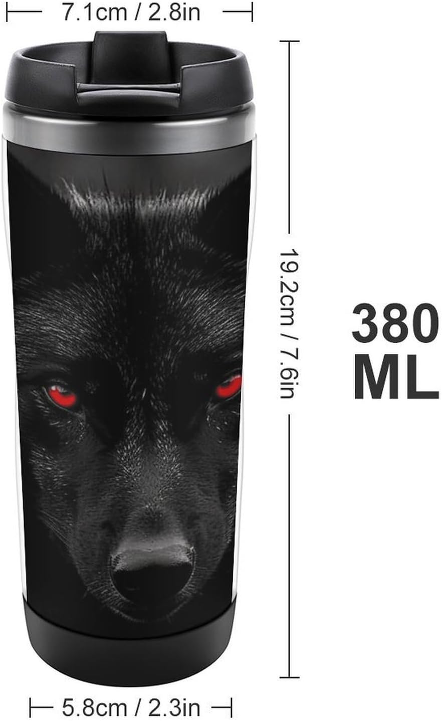 13oz Insulated Travel Coffee Mug Reusable Coffee Cup Water Bottle | Black Red Eyed Wolf Travel Mug with Leak Proof Lid Double Wall Stainless Steel Coffee Tumbler Personalized Gift