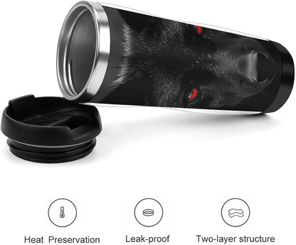 13oz Insulated Travel Coffee Mug Reusable Coffee Cup Water Bottle | Black Red Eyed Wolf Travel Mug with Leak Proof Lid Double Wall Stainless Steel Coffee Tumbler Personalized Gift