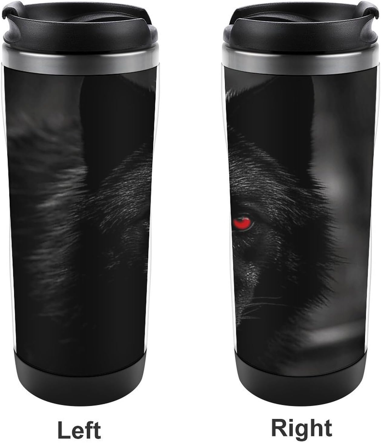 13oz Insulated Travel Coffee Mug Reusable Coffee Cup Water Bottle | Black Red Eyed Wolf Travel Mug with Leak Proof Lid Double Wall Stainless Steel Coffee Tumbler Personalized Gift