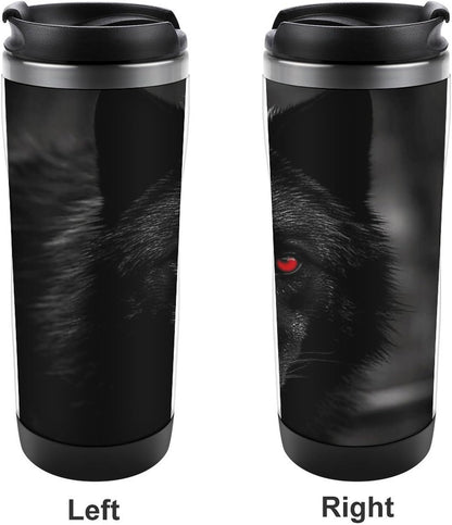 13oz Insulated Travel Coffee Mug Reusable Coffee Cup Water Bottle | Black Red Eyed Wolf Travel Mug with Leak Proof Lid Double Wall Stainless Steel Coffee Tumbler Personalized Gift