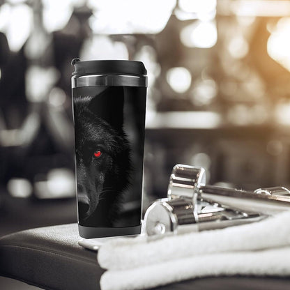 13oz Insulated Travel Coffee Mug Reusable Coffee Cup Water Bottle | Black Red Eyed Wolf Travel Mug with Leak Proof Lid Double Wall Stainless Steel Coffee Tumbler Personalized Gift
