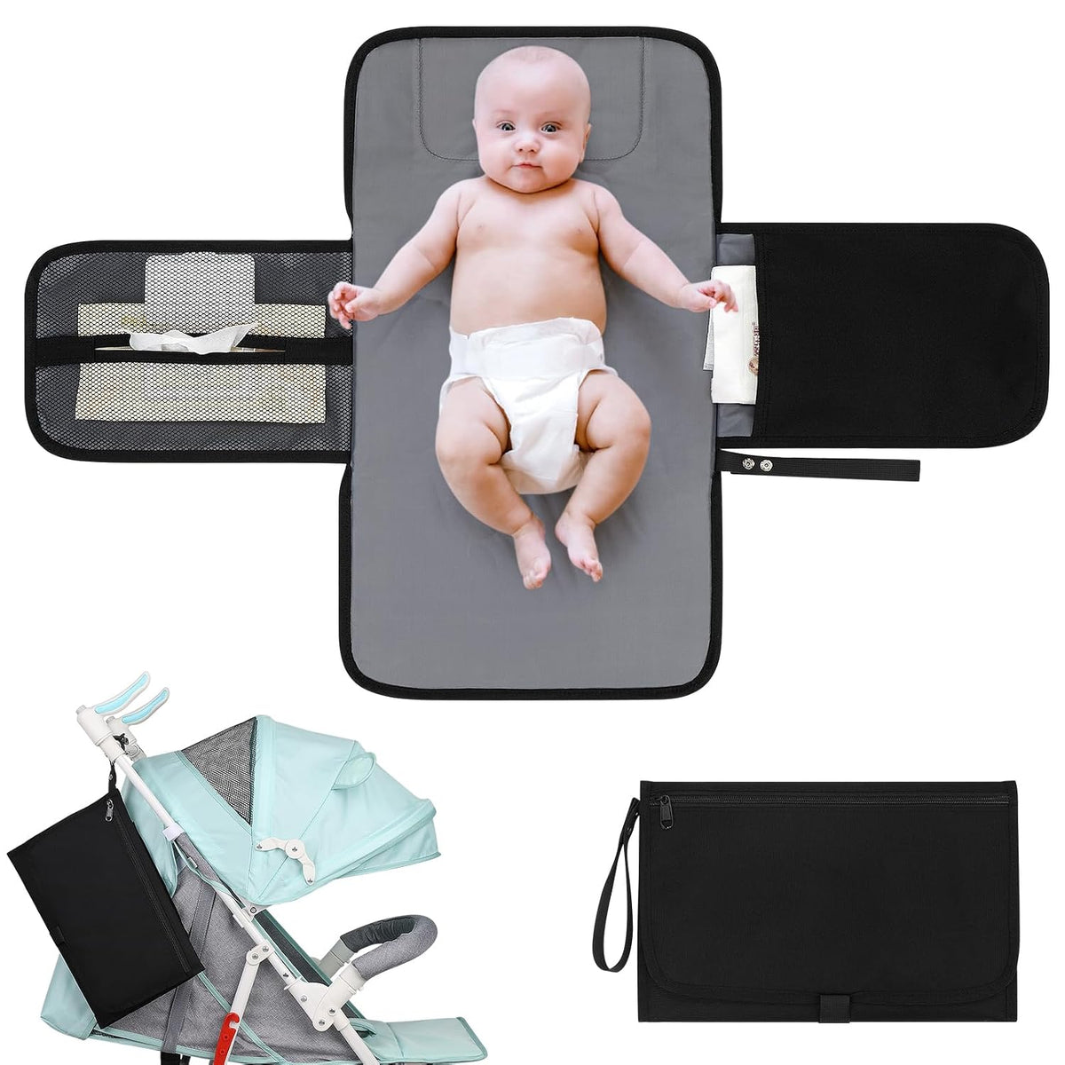 Portable Diaper Changing Pad, Waterproof Travel Baby Changing Mat, Newborn Essentials Baby Shower Gifts, Grey
