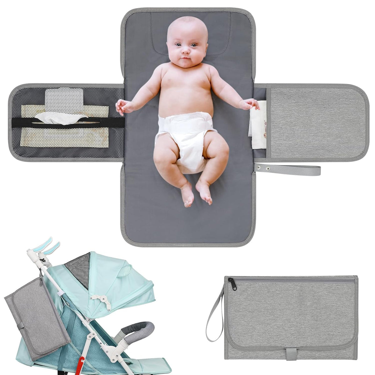 Portable Diaper Changing Pad, Waterproof Travel Baby Changing Mat, Newborn Essentials Baby Shower Gifts, Grey