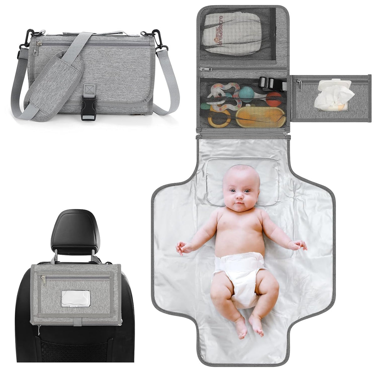 Portable Diaper Changing Pad, Waterproof Travel Baby Changing Mat, Newborn Essentials Baby Shower Gifts, Grey
