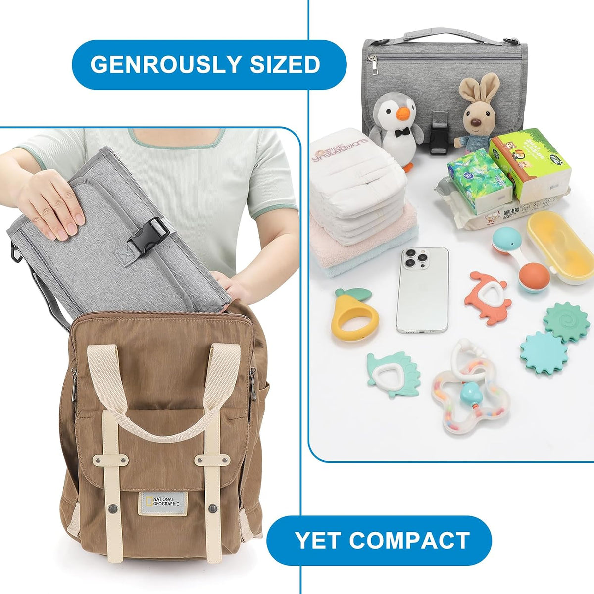 Portable Diaper Changing Pad, Waterproof Travel Baby Changing Mat, Newborn Essentials Baby Shower Gifts, Grey